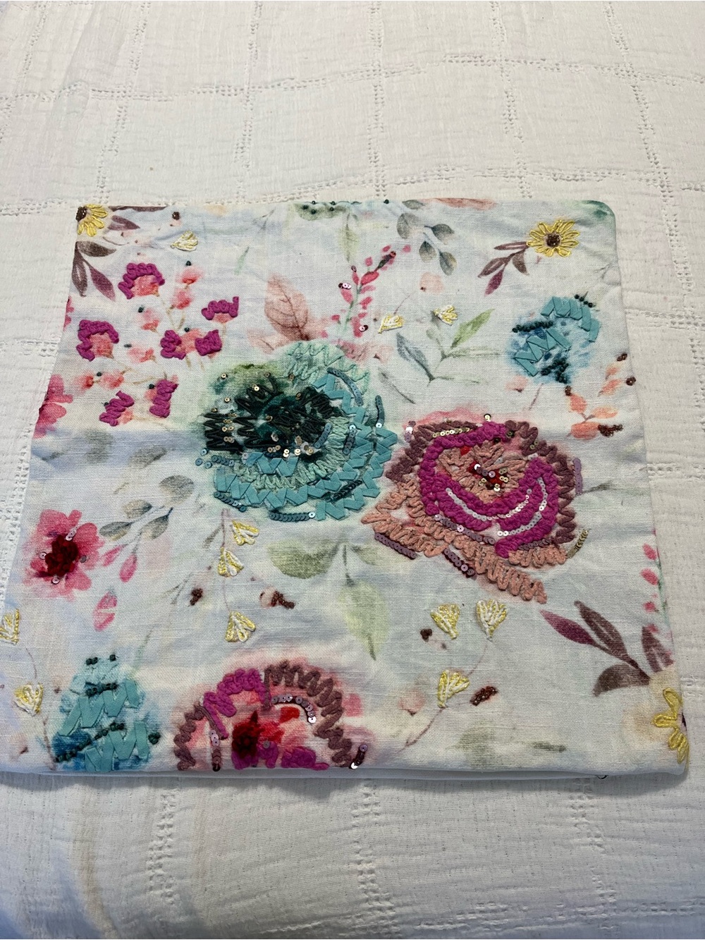 Elie Tahari Floral Appliqué Accent Pillow Cover in Teal, Pink & Cream